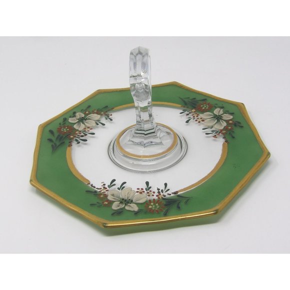 Vintage Glass Tidbit Tray Green and Gold Rimmed with Hand Painted Enamel Flowers - Picture 4 of 10